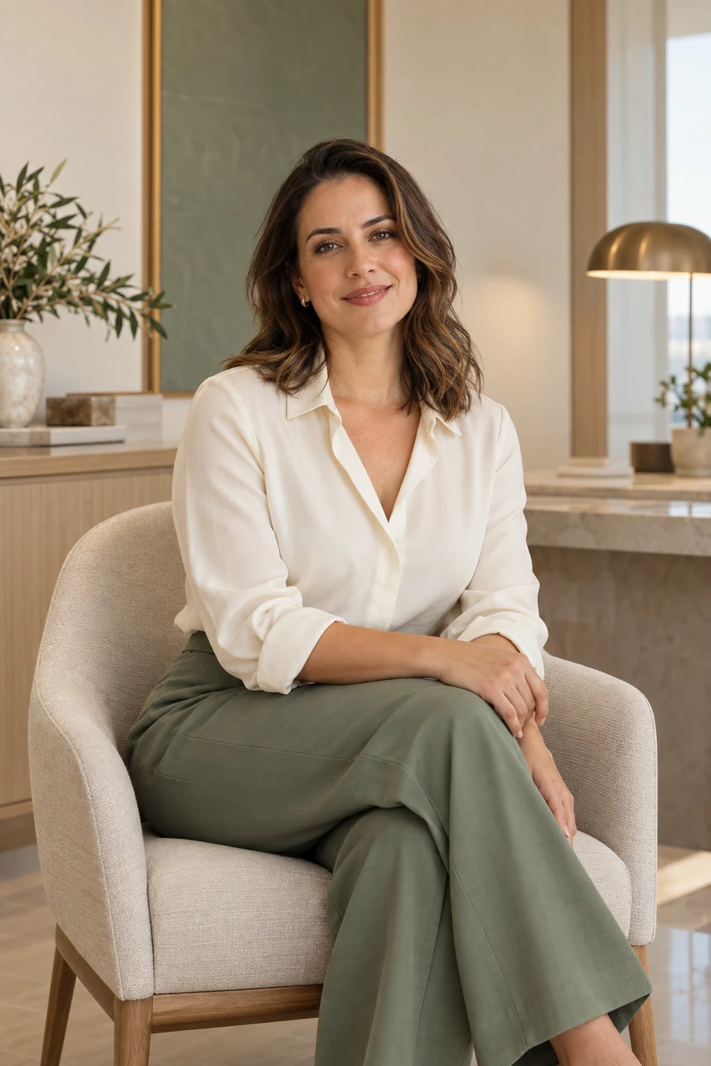 Dra. Marina Azevedo sentada no consultório da Essenza