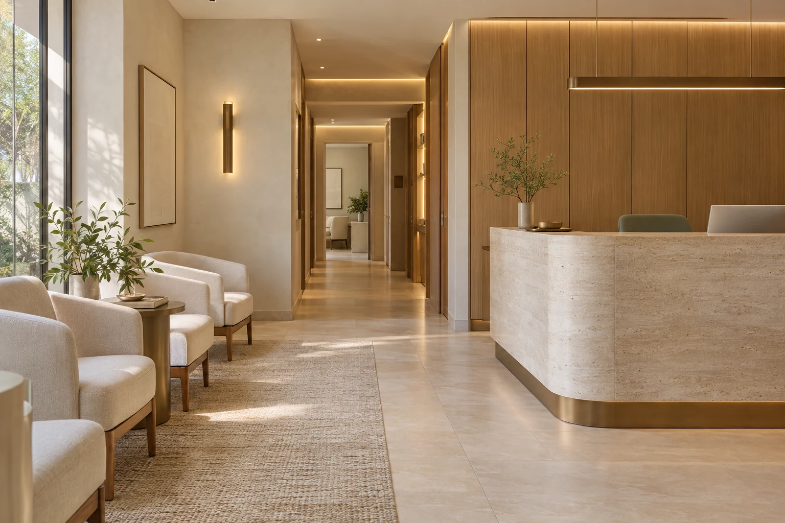 Recepção da Essenza com luz natural e materiais acolhedores